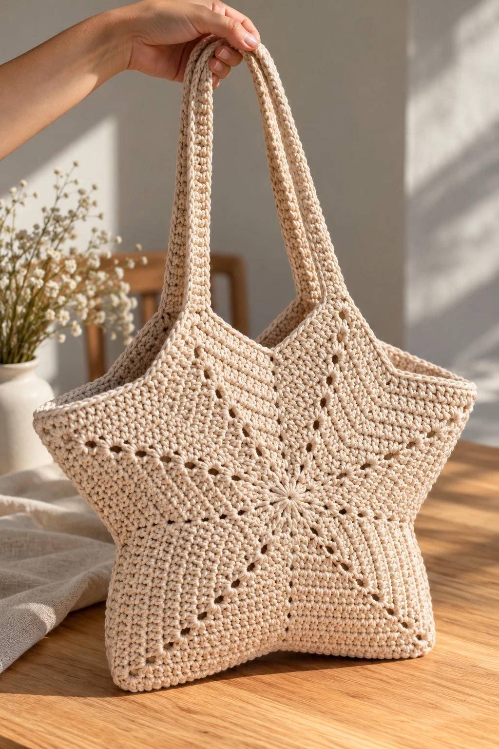 Minimalist Beige Star Crochet Tote — crochet bag star style outfit