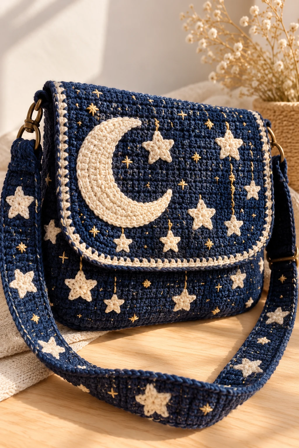 Celestial Moon and Star Crochet Messenger Bag — crochet bag star style outfit