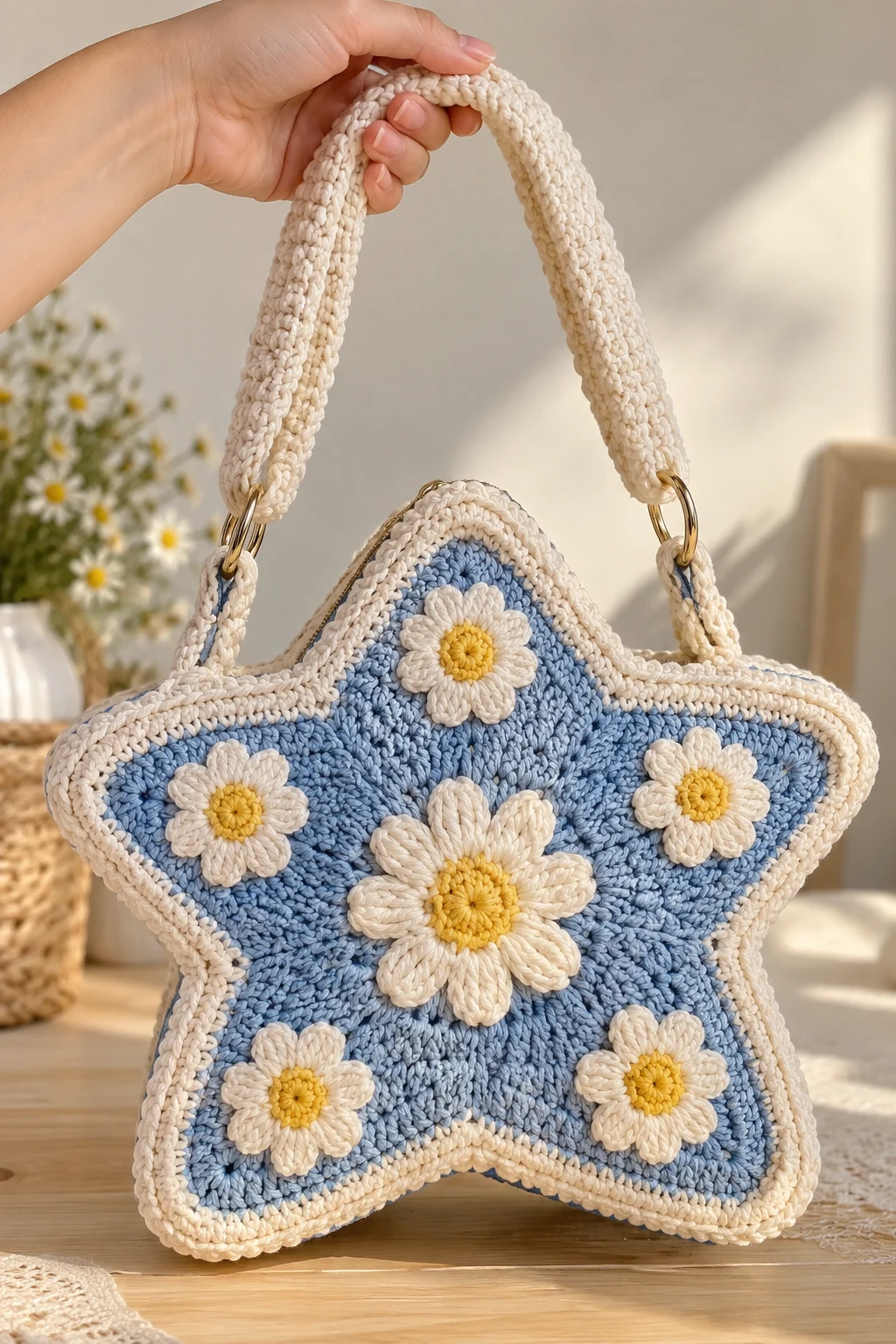Crochet Star Bag With Daisy Flower Details — crochet bag star style outfit