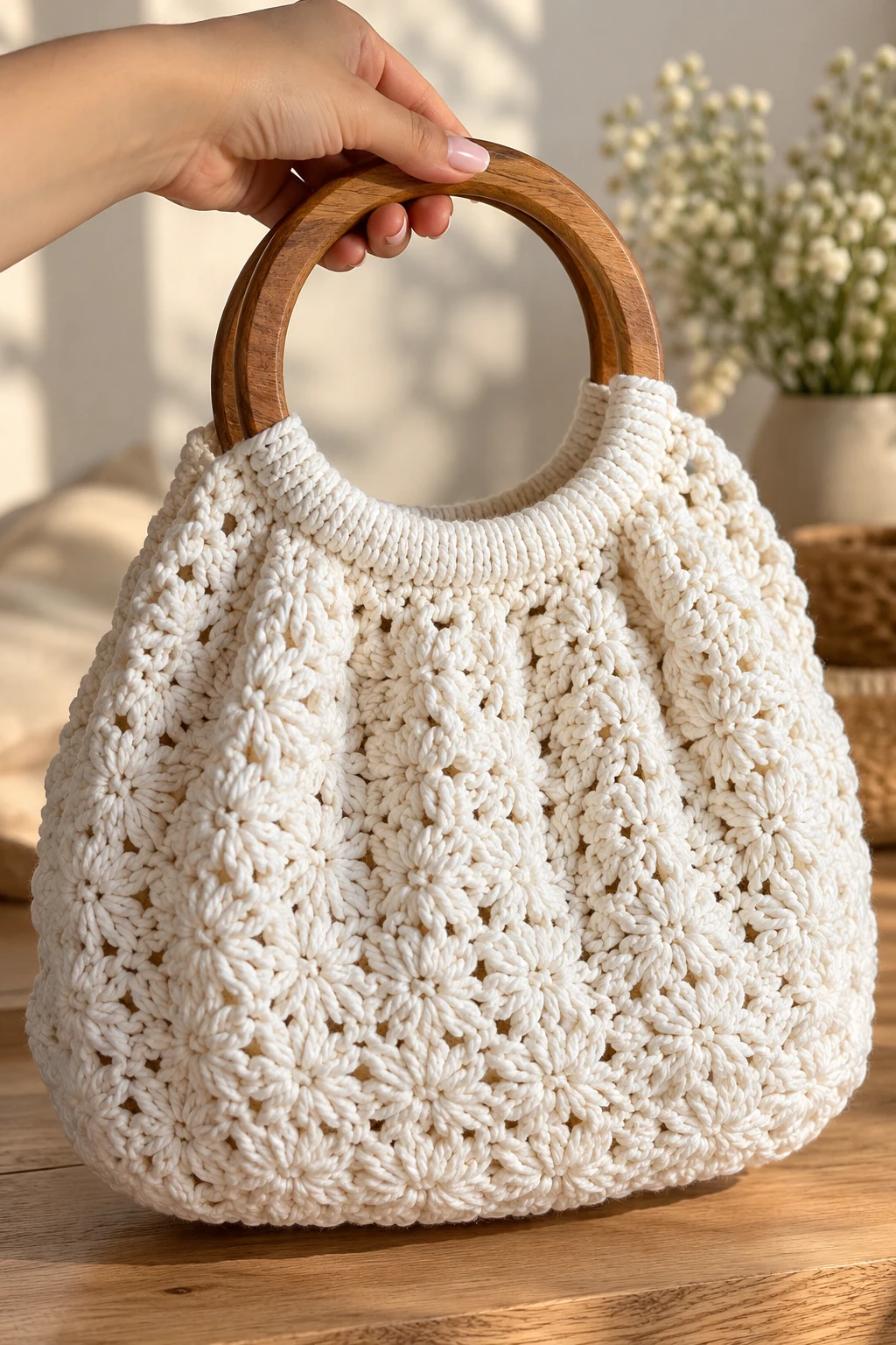 White Crochet Bag With a Wooden Handle — crochet bag white