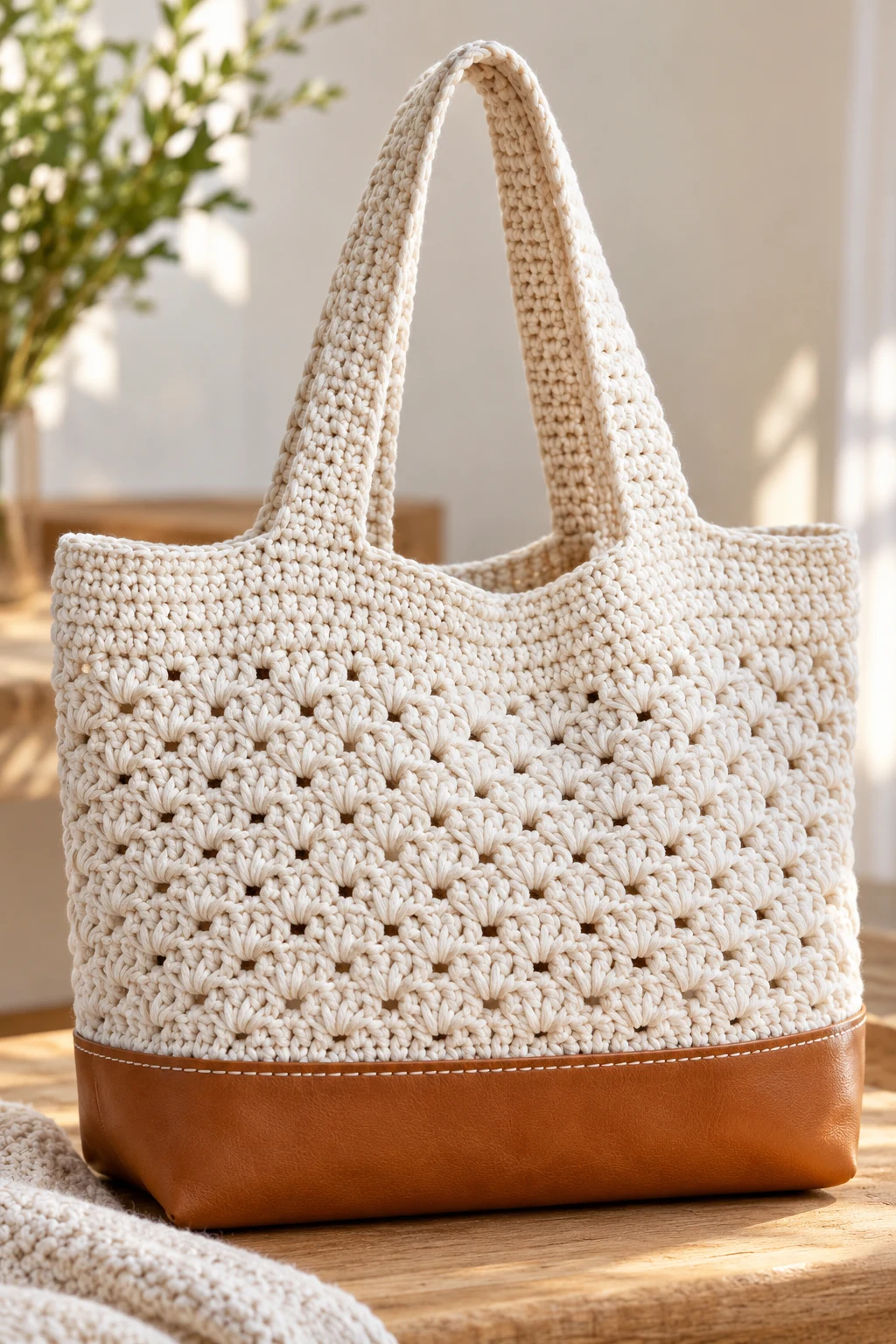 White Crochet Tote With a Leather Base — crochet bag white