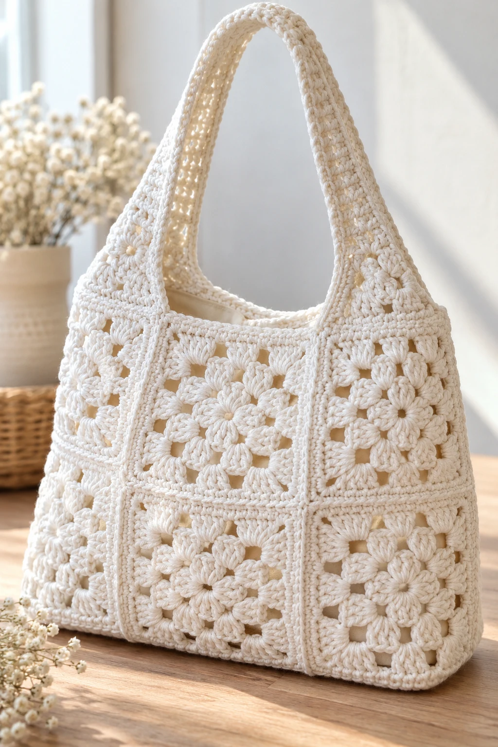 White Crochet Granny Square Bag — crochet bag white