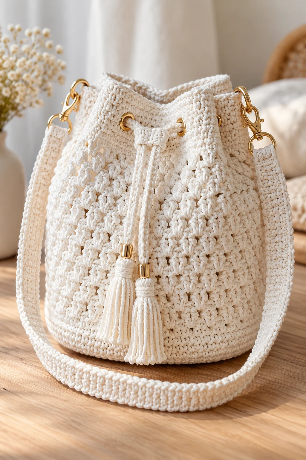 White Crochet Bucket Bag — crochet bag white
