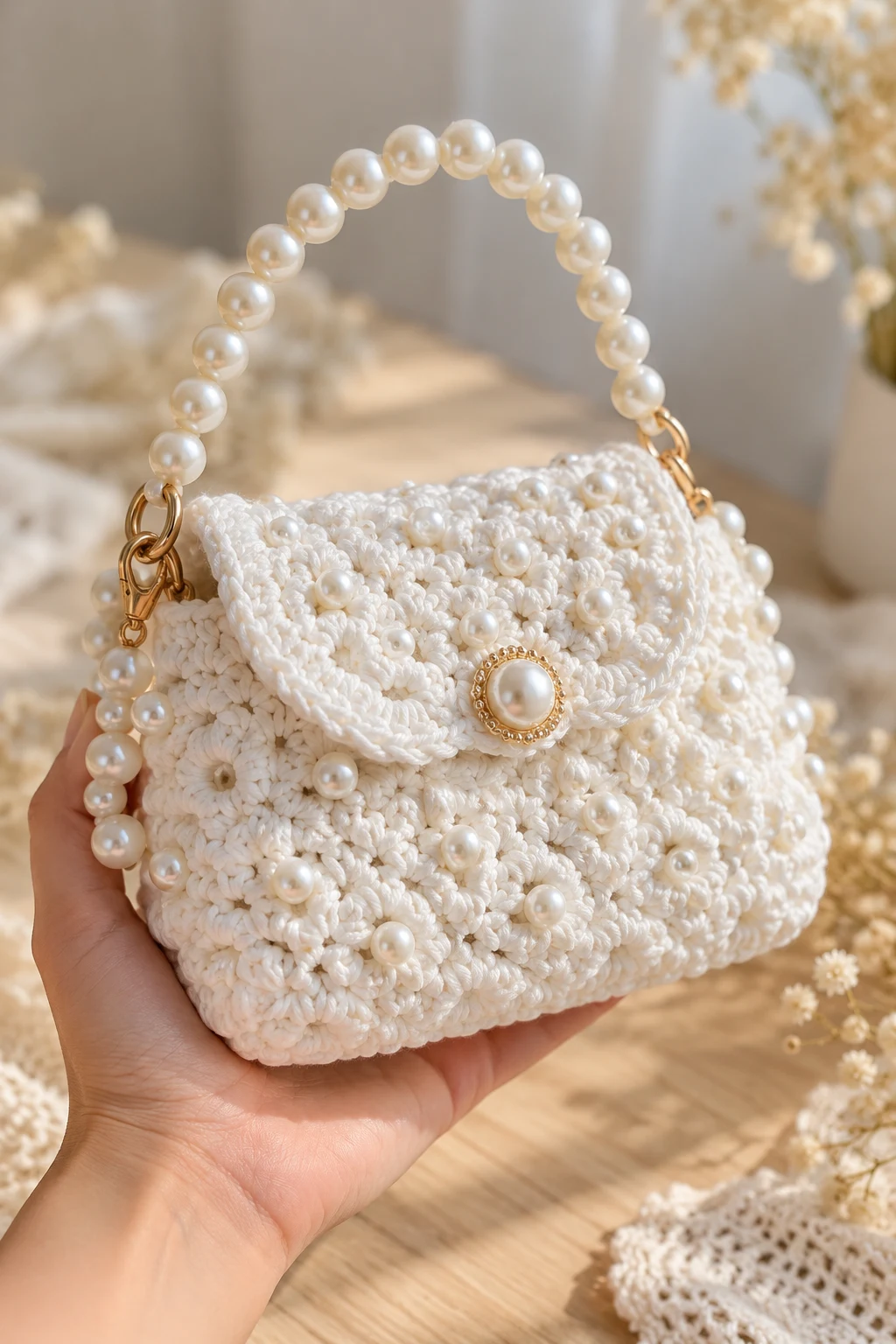 White Crochet Mini Bag With Pearl Details — crochet bag white