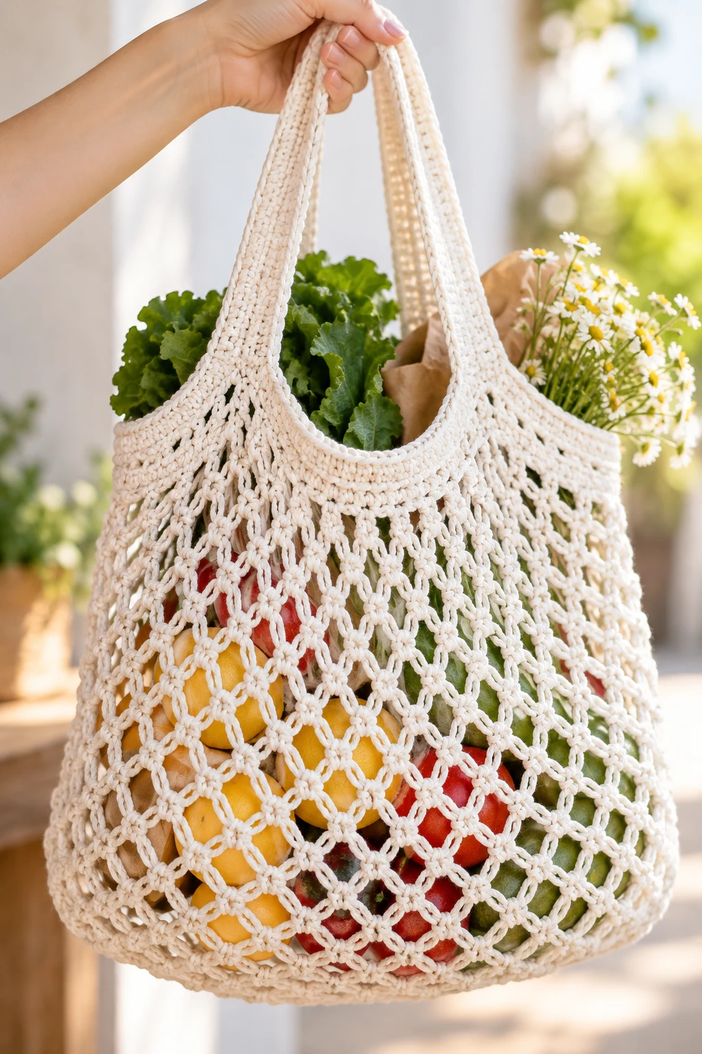 White Crochet Net Bag for Farmers' Markets — crochet bag white
