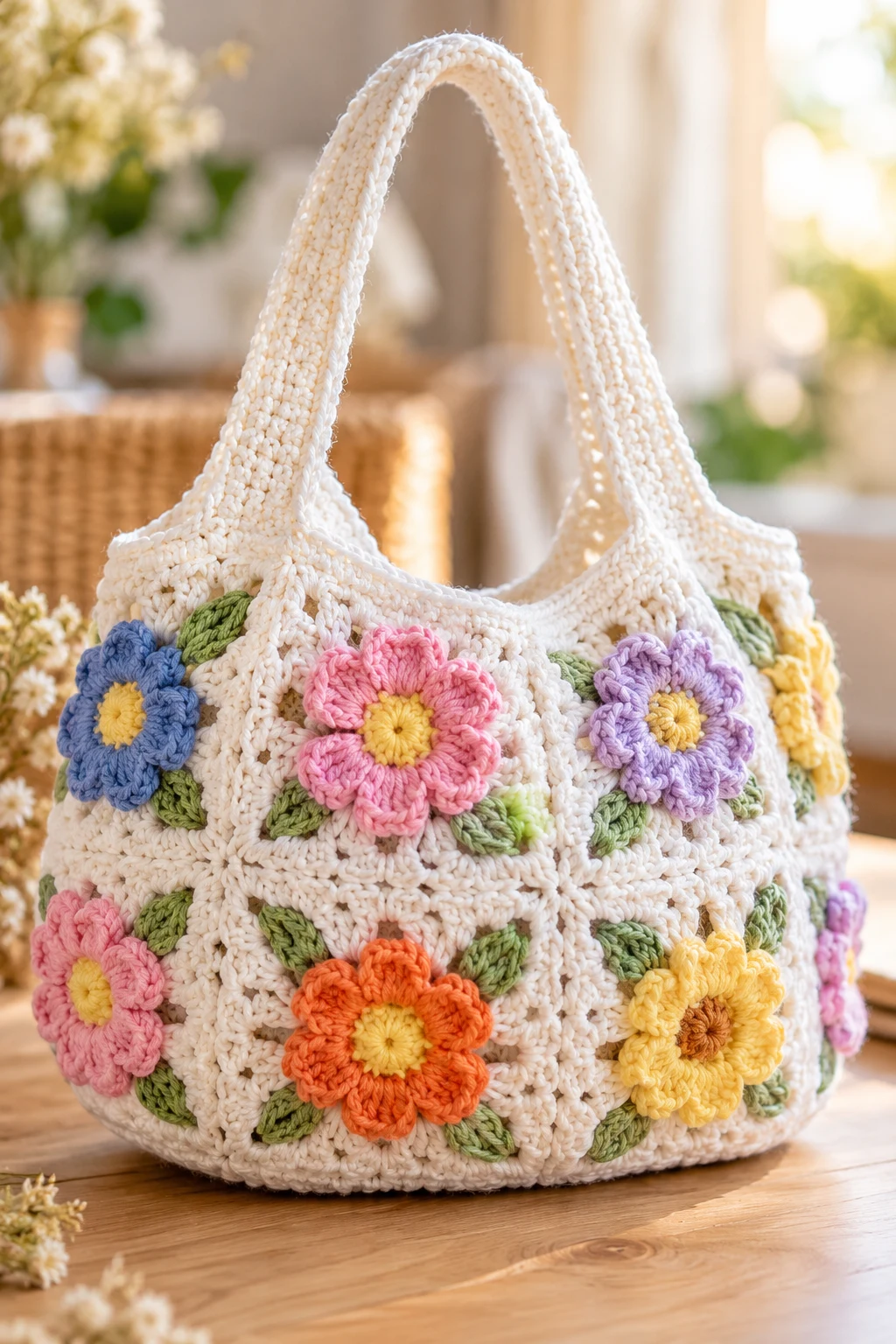 White Crochet Bag With Colorful Flower Appliqués — crochet bag white
