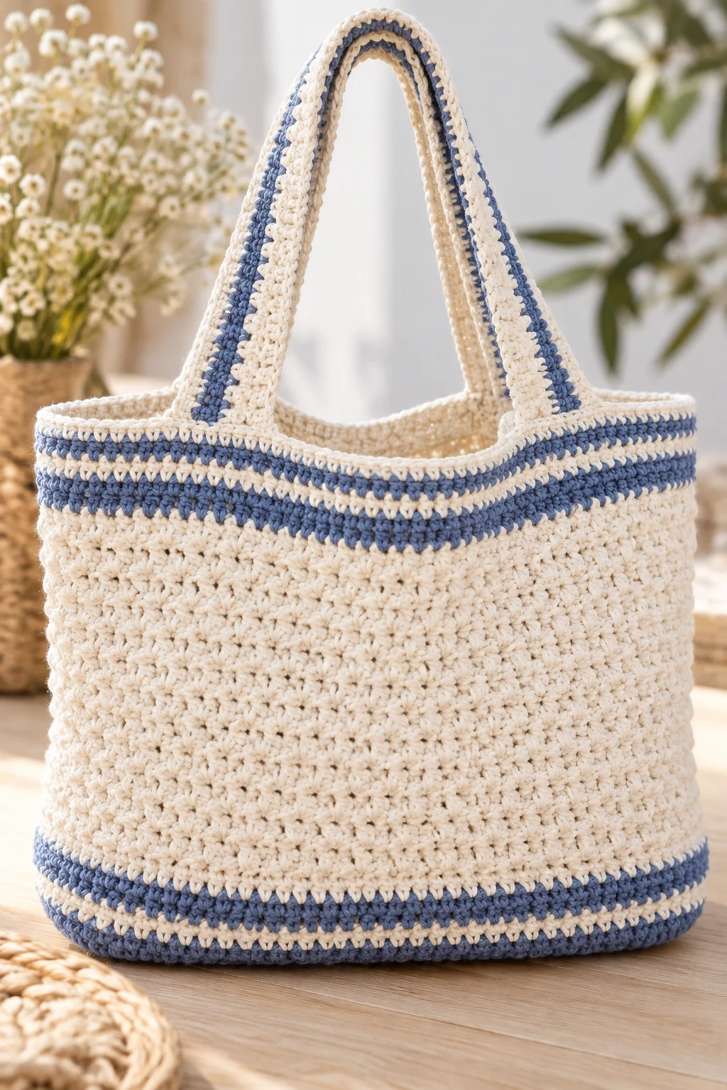 White Crochet Bag With a Striped Border — crochet bag white