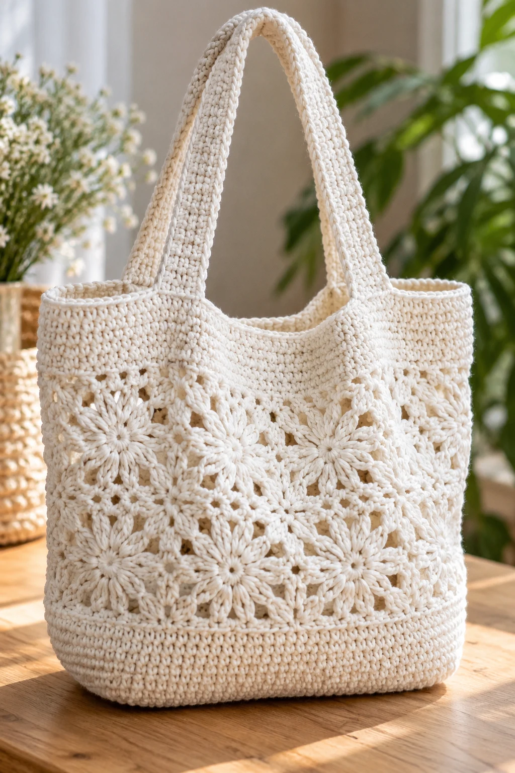 Classic White Crochet Tote Bag — crochet bag white