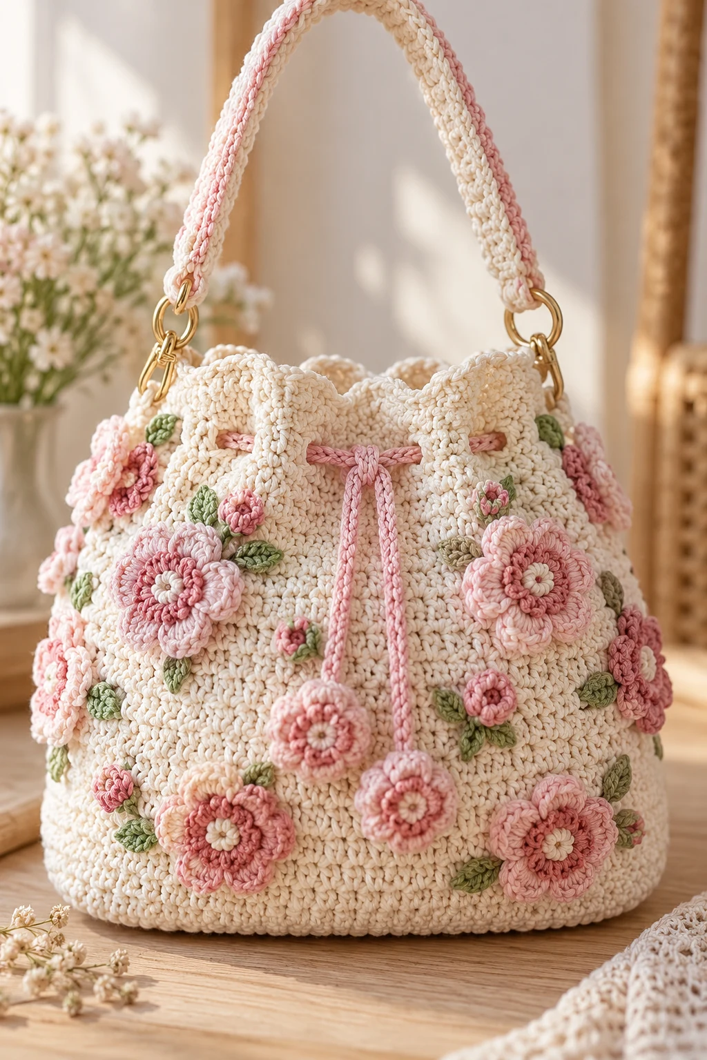 Crochet Bag White and Pink Floral Purse — crochet bag white