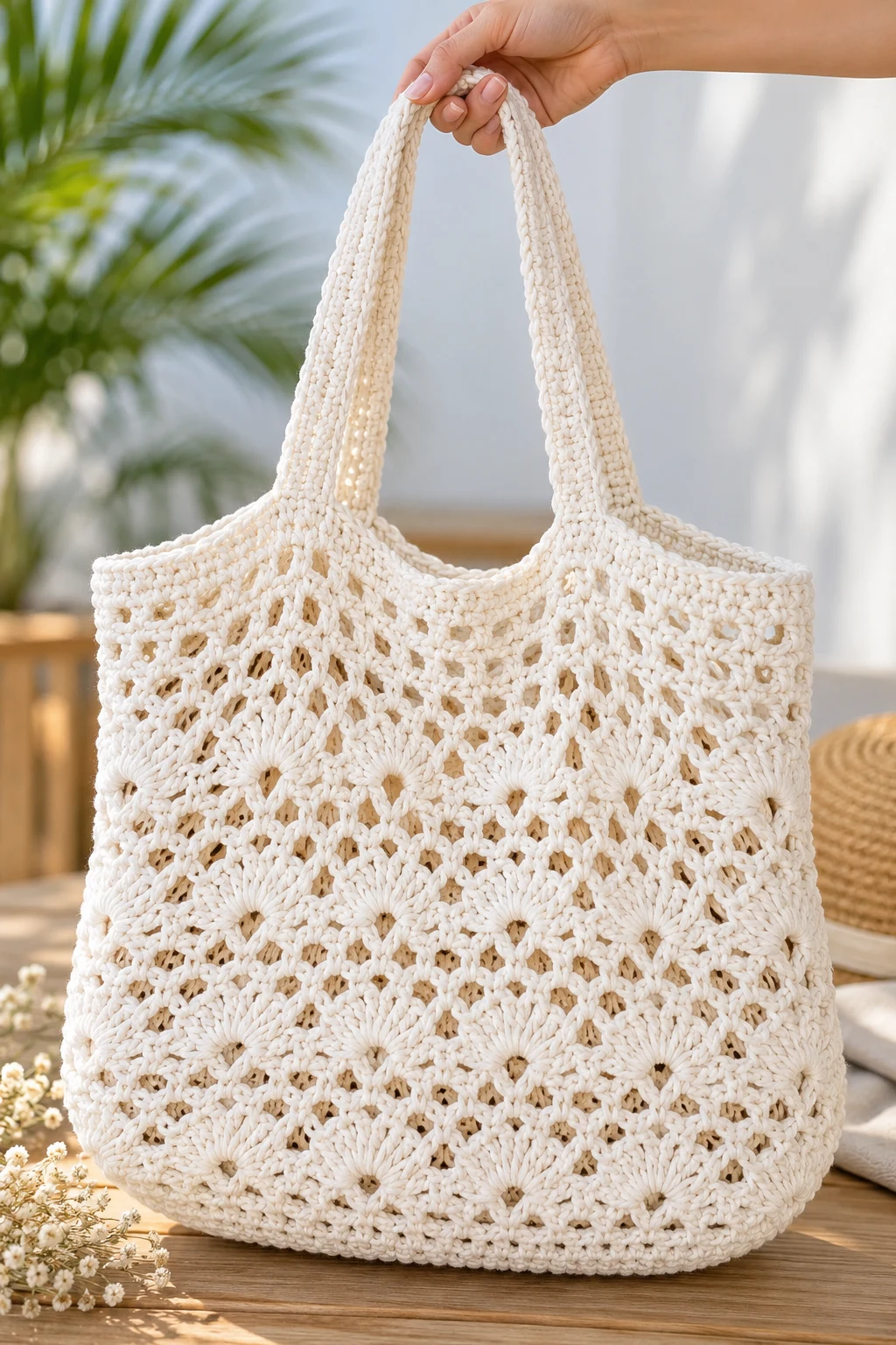 White Crochet Beach Tote With Openwork Stitches — crochet bag white