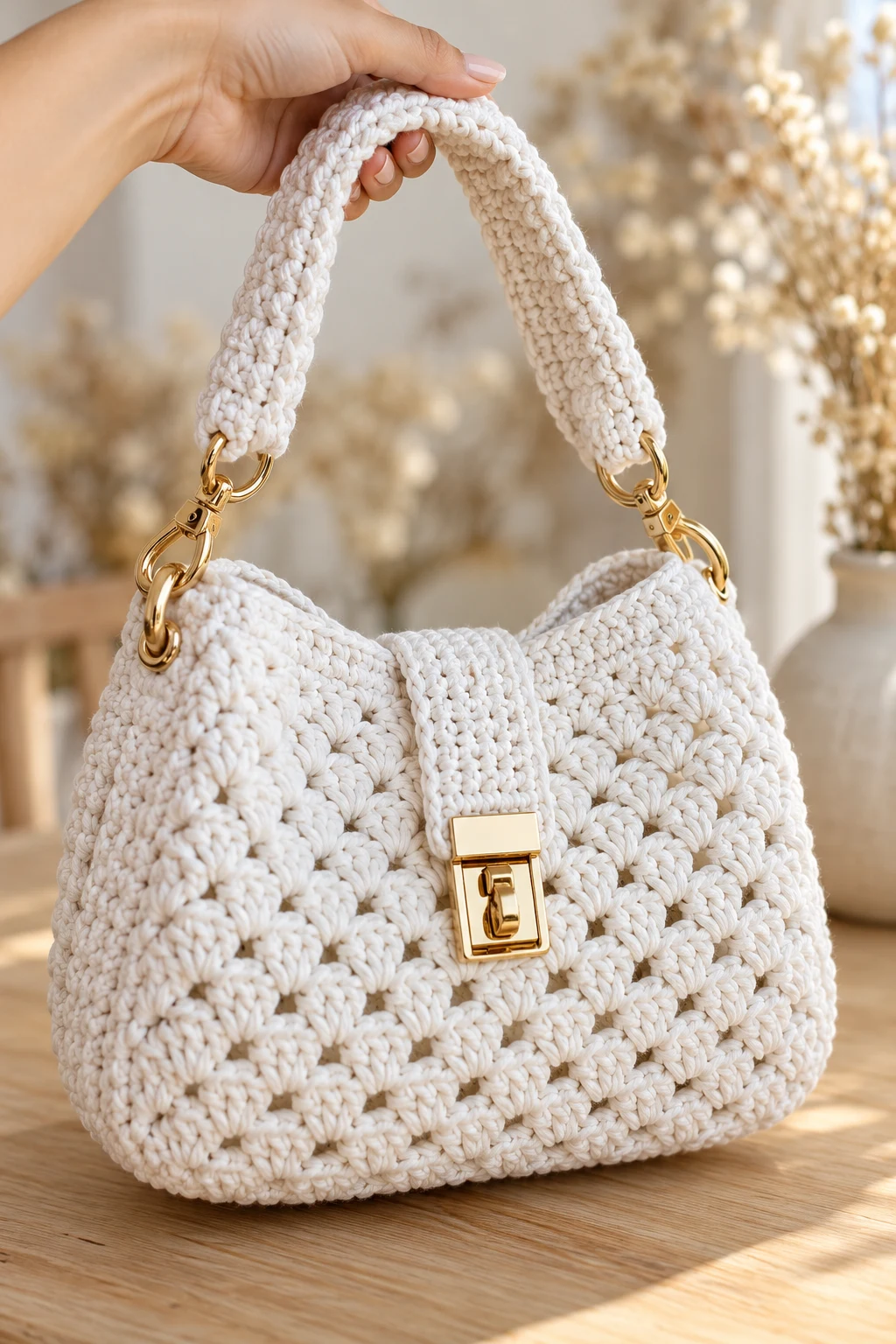 Crochet Handbag White With Gold Hardware — crochet bag white