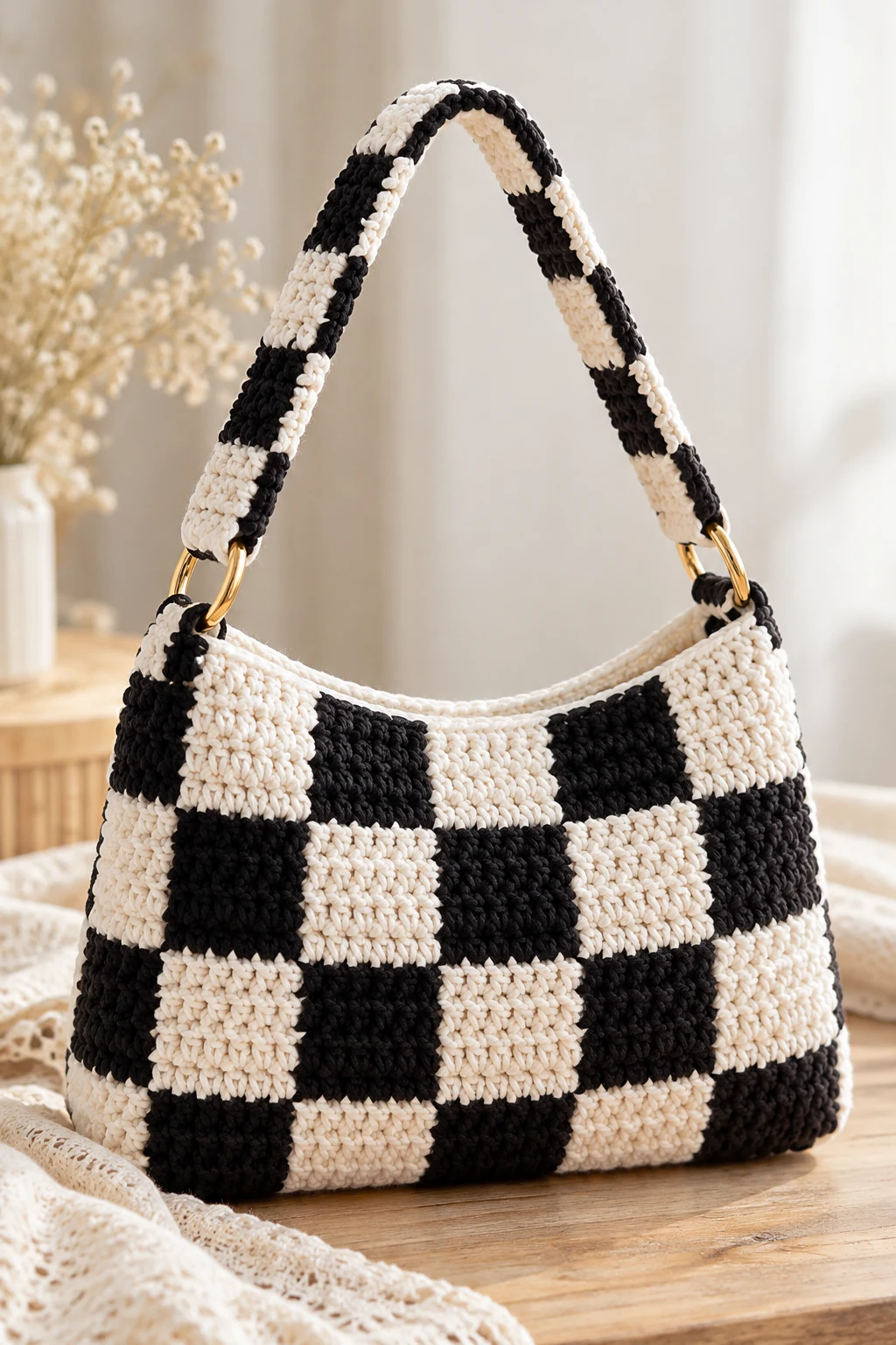 White and Black Crochet Checkerboard Bag — crochet bag white