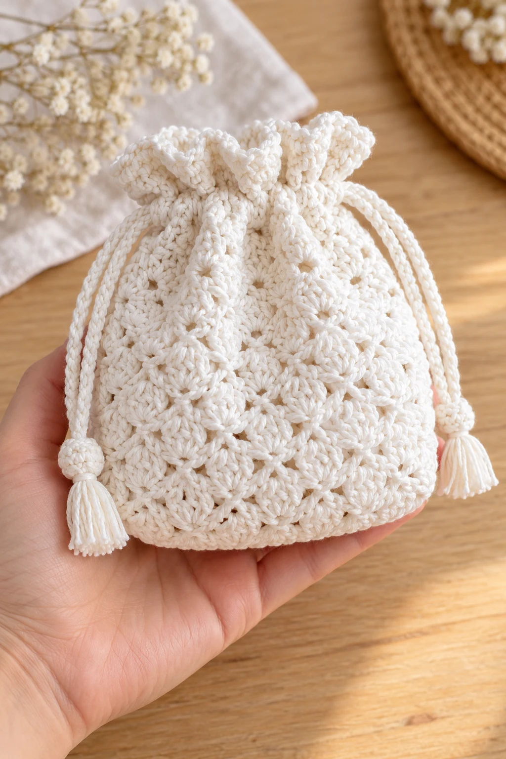 White Crochet Pouch With Drawstring Closure — crochet bag white