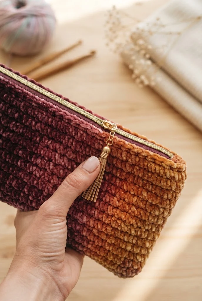The Velvet Sunset Evening Clutch — crochet bag with zipper