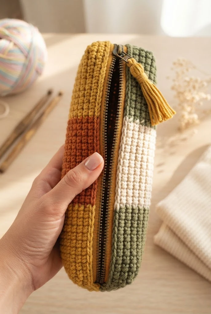 The Retro Colorblock Pencil Case — crochet bag with zipper