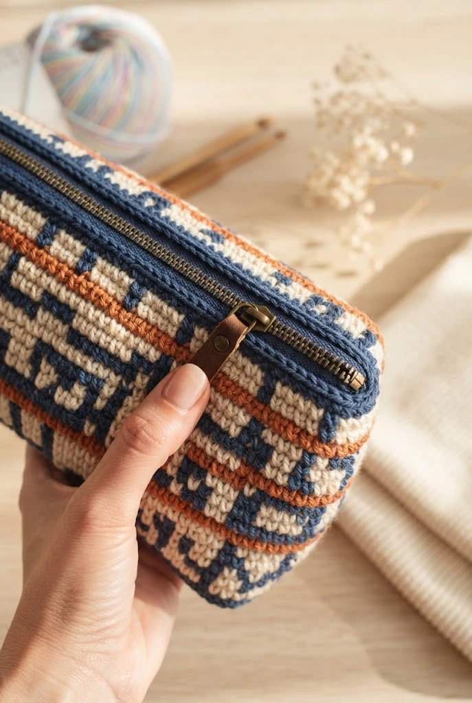 The Mosaic Geometric Cosmetic Pouch — crochet bag with zipper