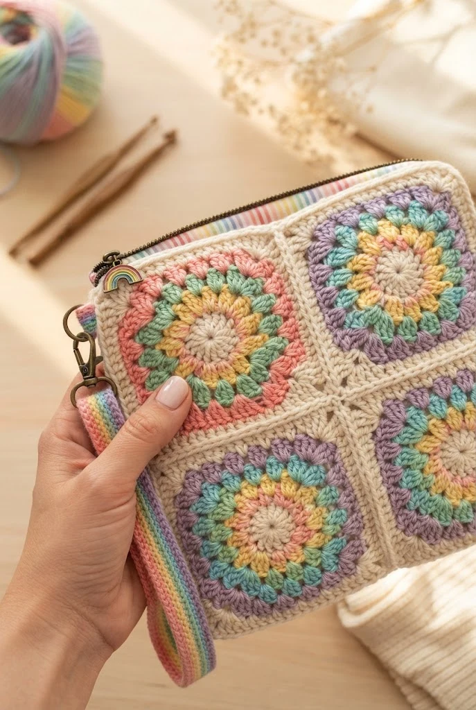 The Granny Square Rainbow Wristlet — crochet bag with zipper