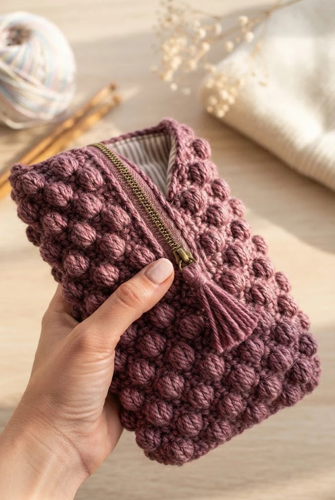 The Textured Bobble Stitch Phone Bag — crochet bag with zipper