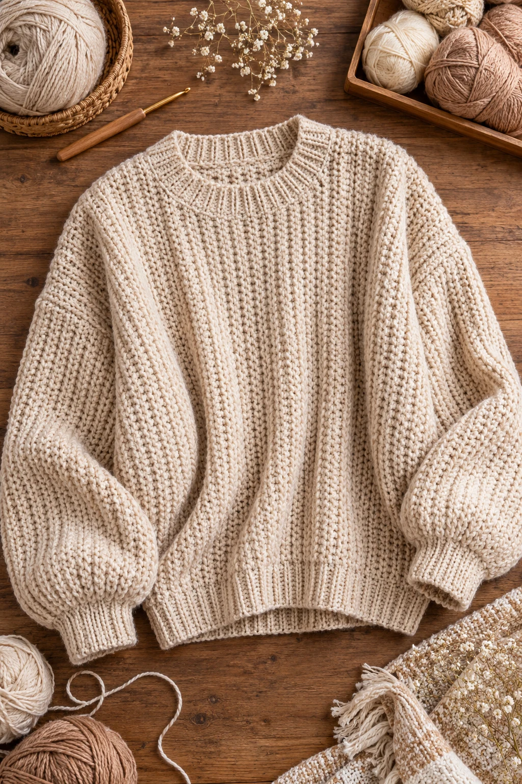 Oatmeal Ribbed Crochet Baggy Sweater — crochet baggy sweater style outfit