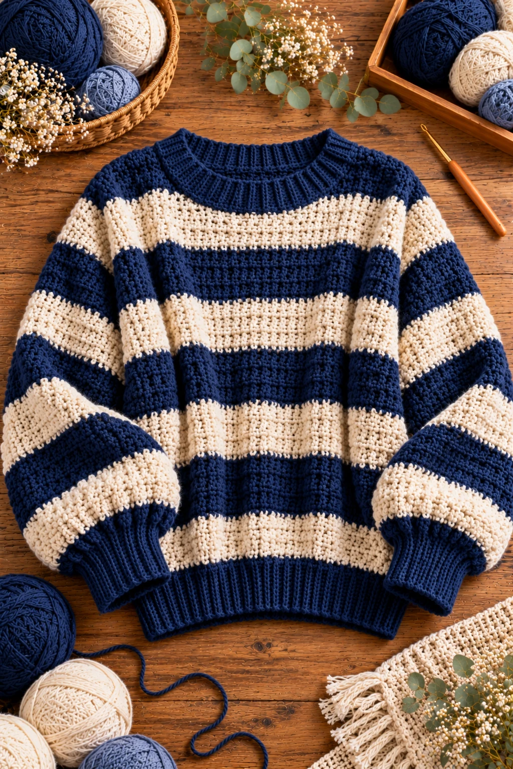 Navy Blue Striped Baggy Sweater — crochet baggy sweater style outfit