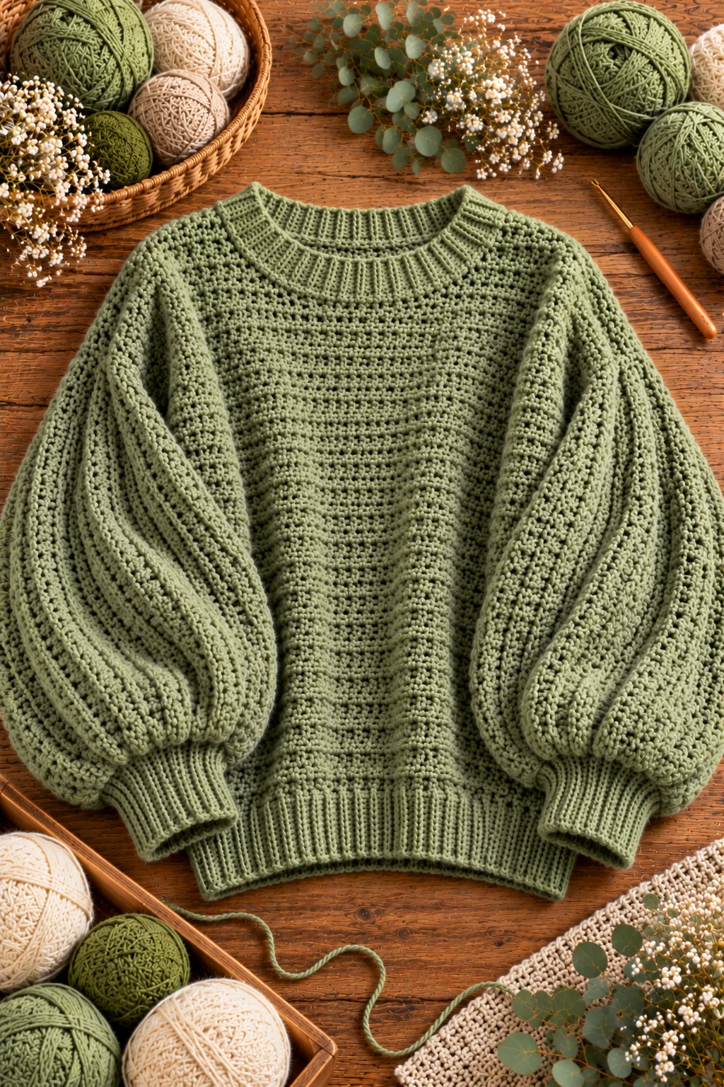 Sage Green Balloon-Sleeve Sweater — crochet baggy sweater style outfit