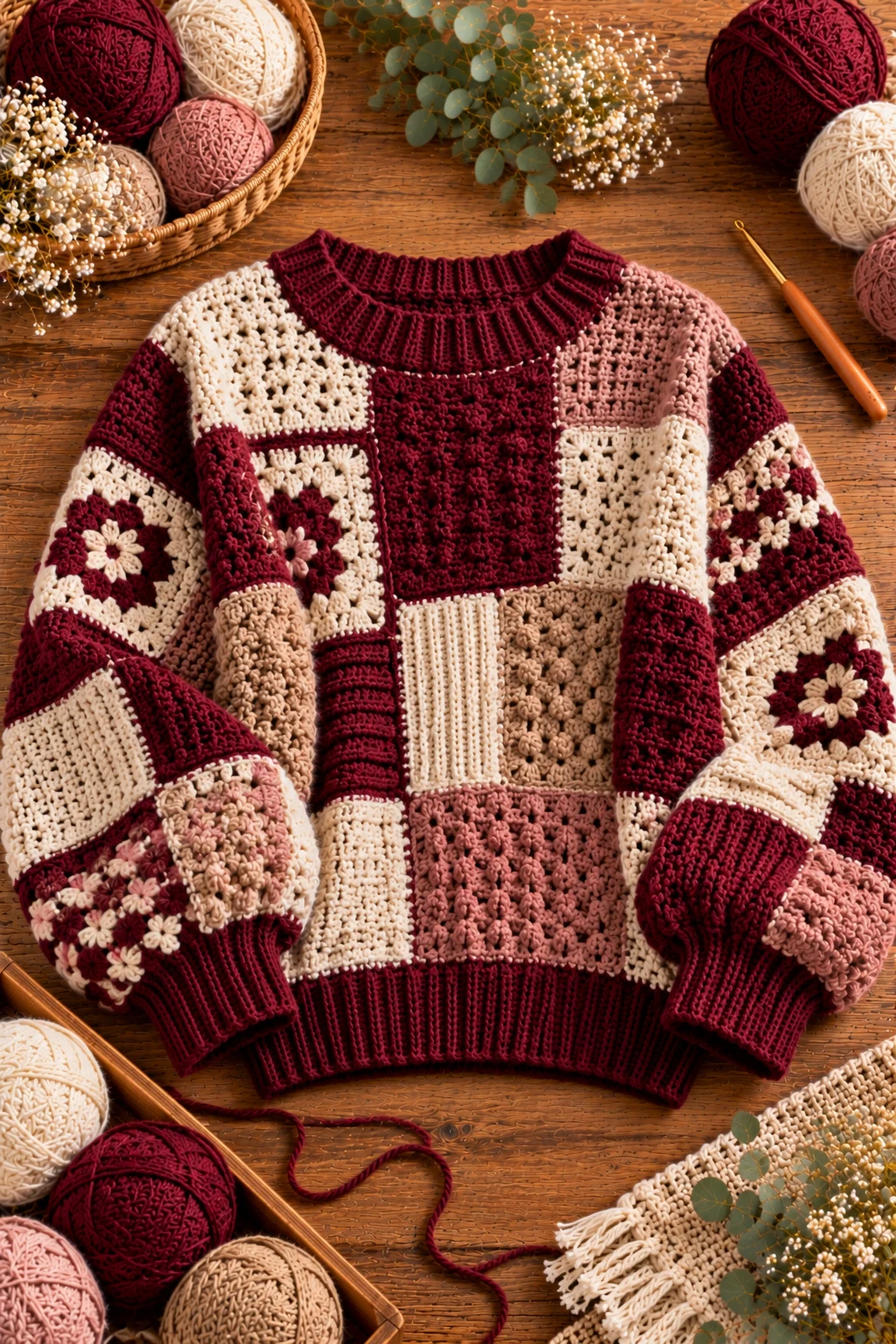 Burgundy Patchwork Crochet Sweater — crochet baggy sweater style outfit
