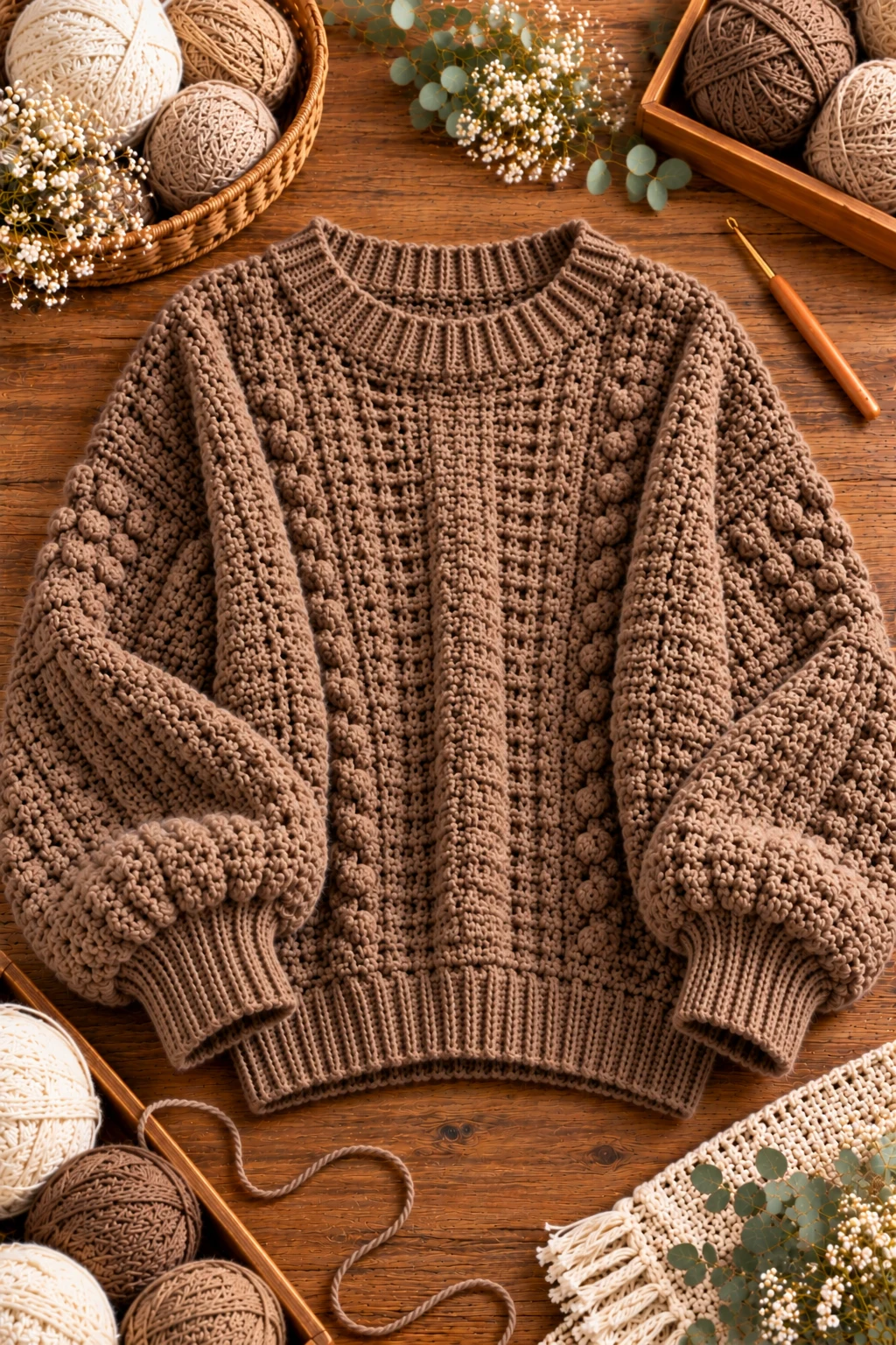 Mocha Brown Textured Crochet Baggy Sweater — crochet baggy sweater style outfit