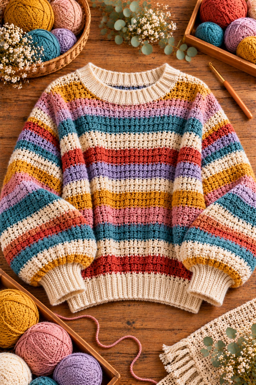Colorful Striped Crochet Baggy Sweater — crochet baggy sweater style outfit