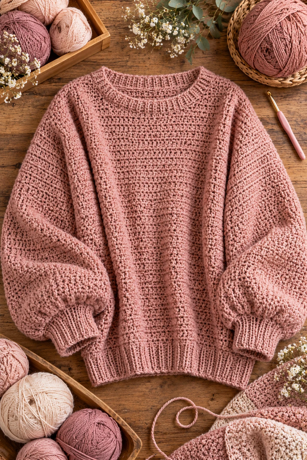 Dusty Rose Crochet Oversize Sweater — crochet baggy sweater style outfit