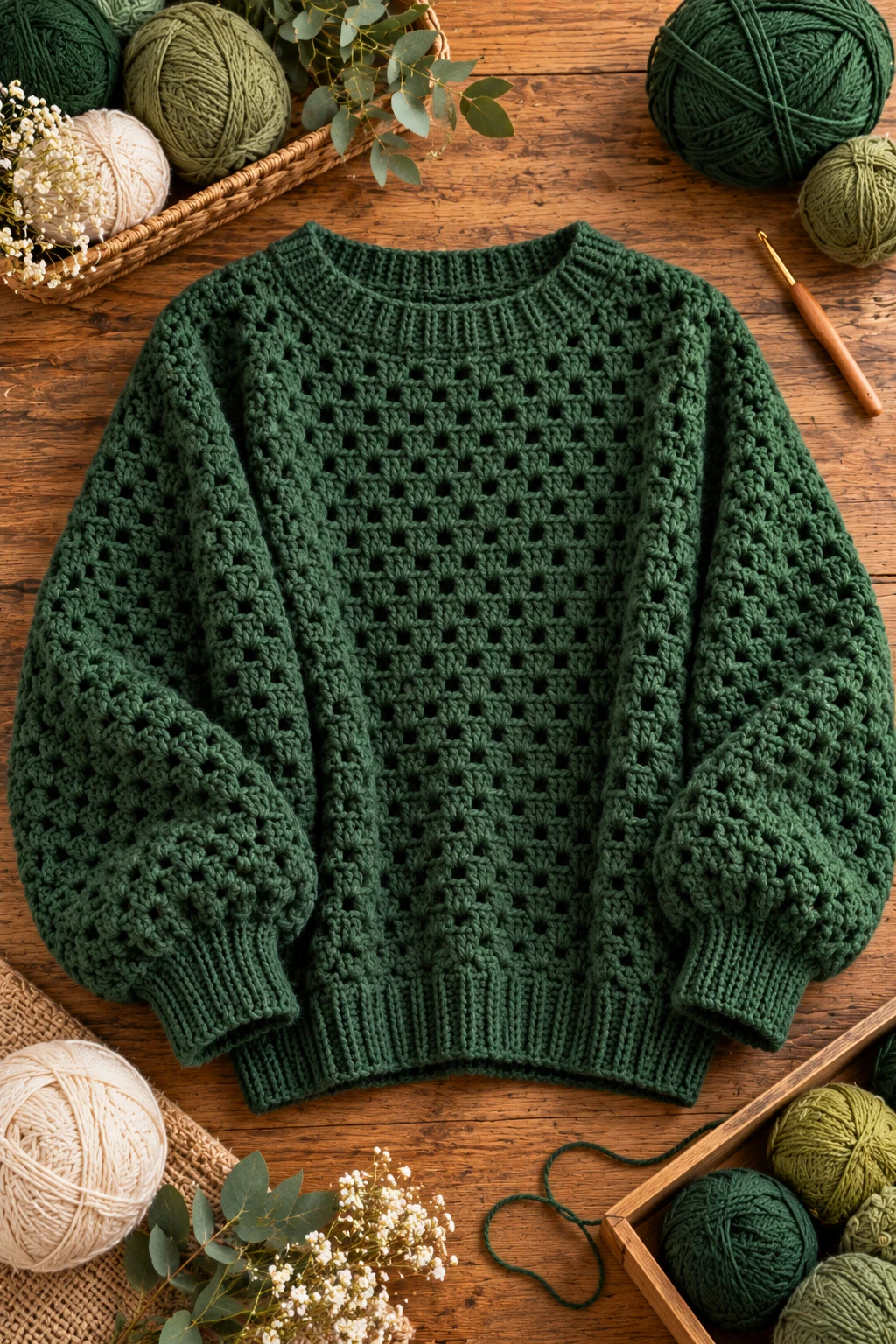 Forest Green Granny Stitch Sweater — crochet baggy sweater style outfit