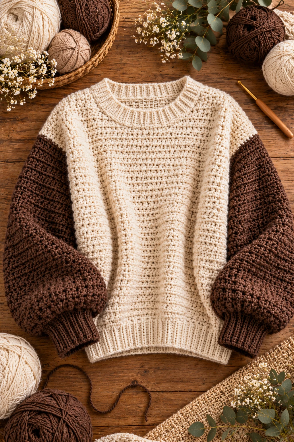 Cream and Chocolate Color-Block Sweater — crochet baggy sweater style outfit