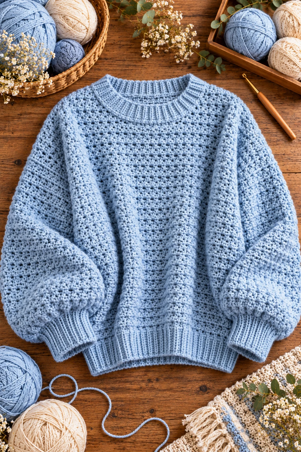 Sky Blue Textured Crochet Loose Sweater — crochet baggy sweater style outfit