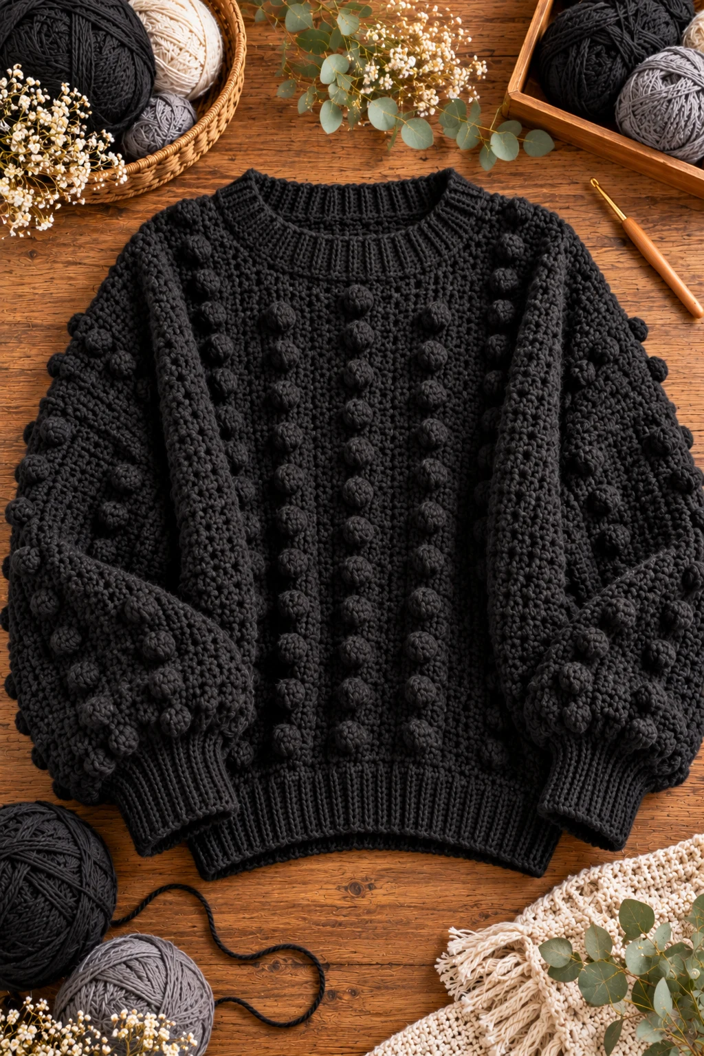 Black Bobble-Stitch Baggy Sweater — crochet baggy sweater style outfit
