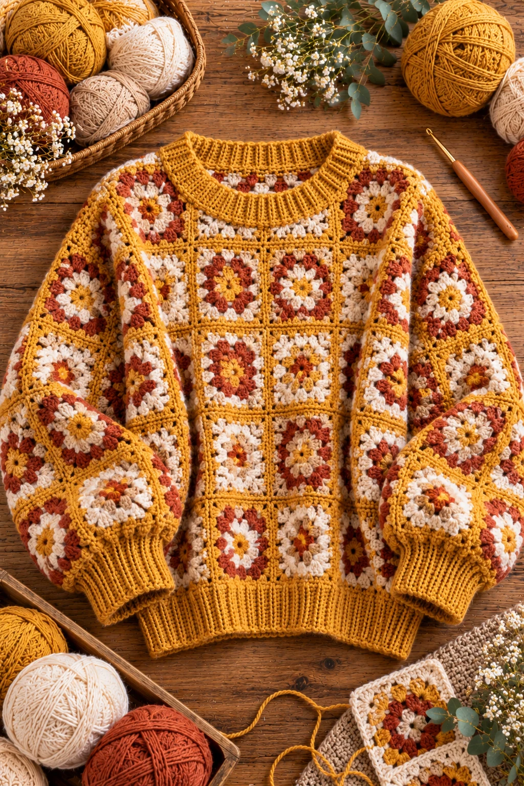 Mustard Yellow Granny Square Sweater — crochet baggy sweater style outfit