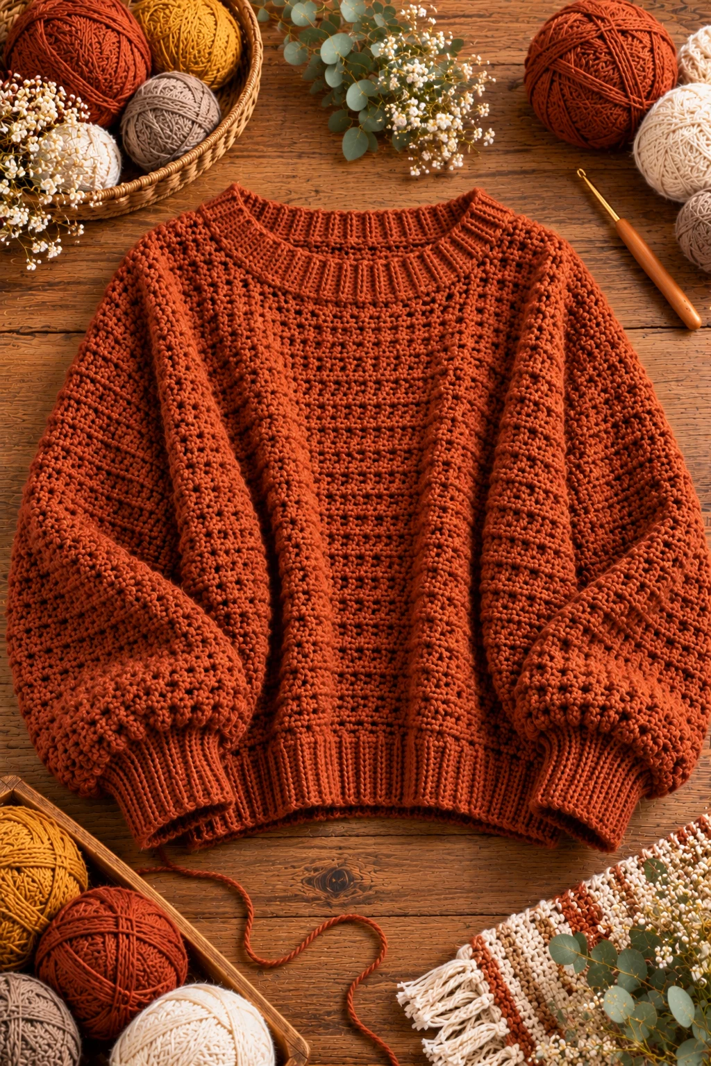 Rust Orange Crochet Slouchy Sweater — crochet baggy sweater style outfit