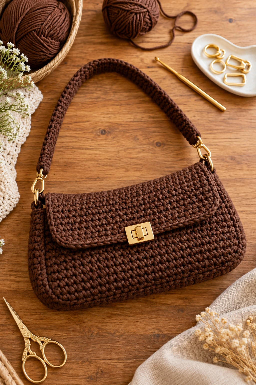 Classic Chocolate Brown Crochet Baguette Bag — crochet baguette bag style outfit