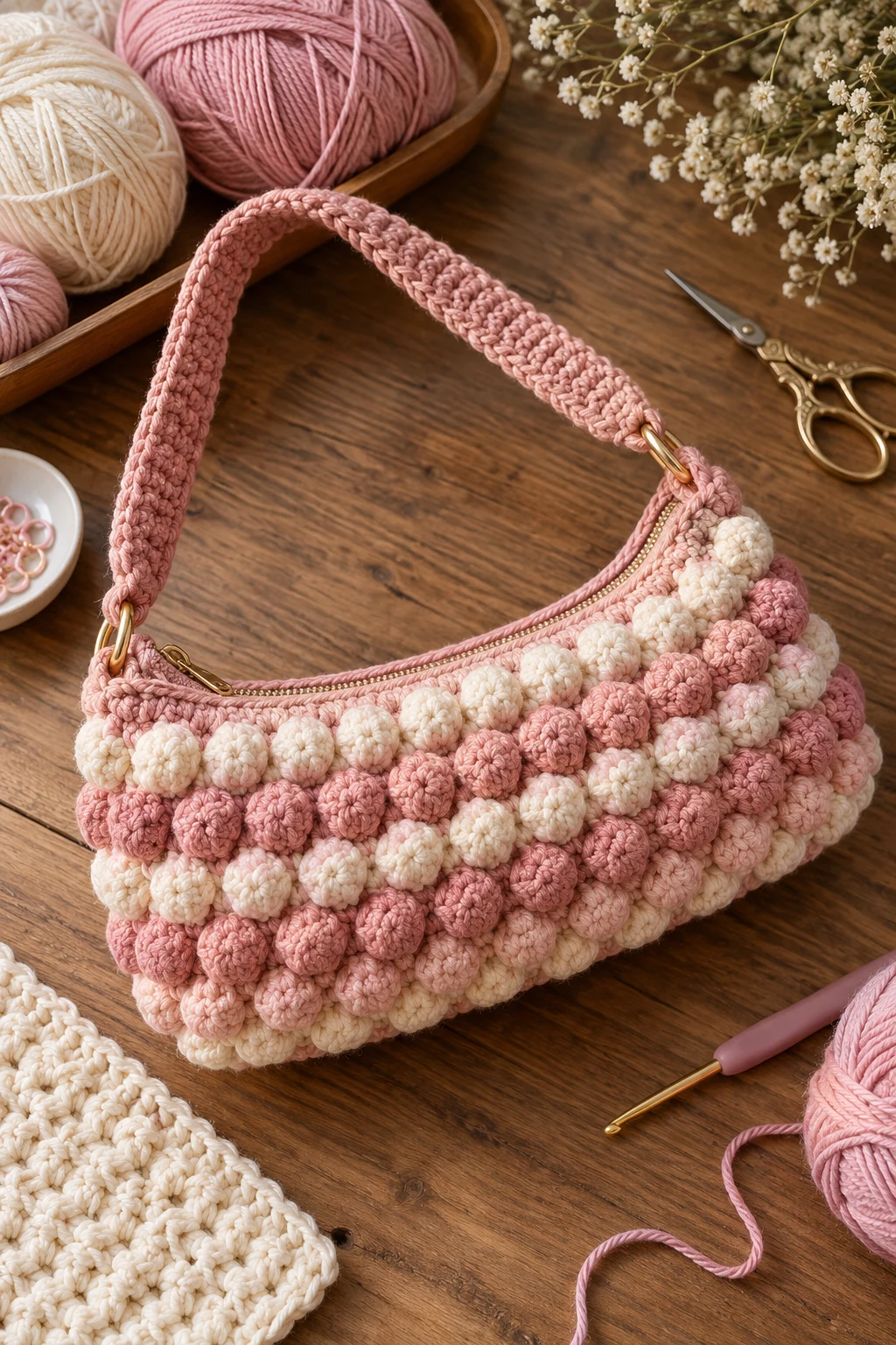 Textured Bobble Crochet Baguette Bag — crochet baguette bag style outfit