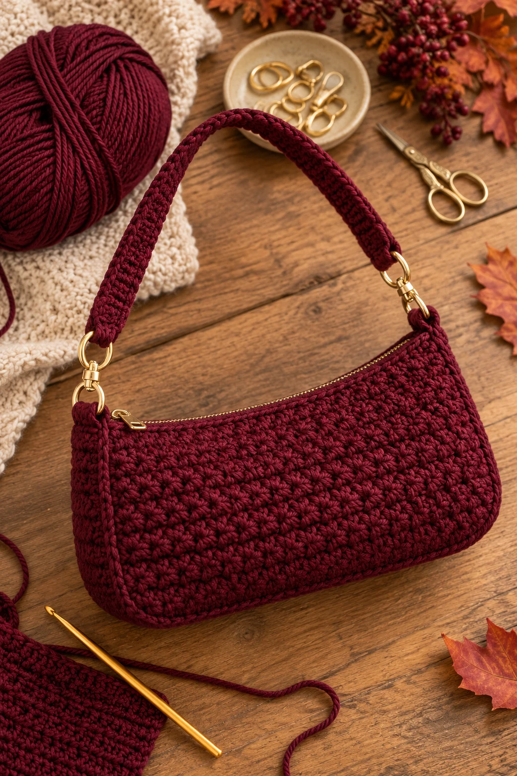 Burgundy Crochet Baguette Bag for Fall — crochet baguette bag style outfit