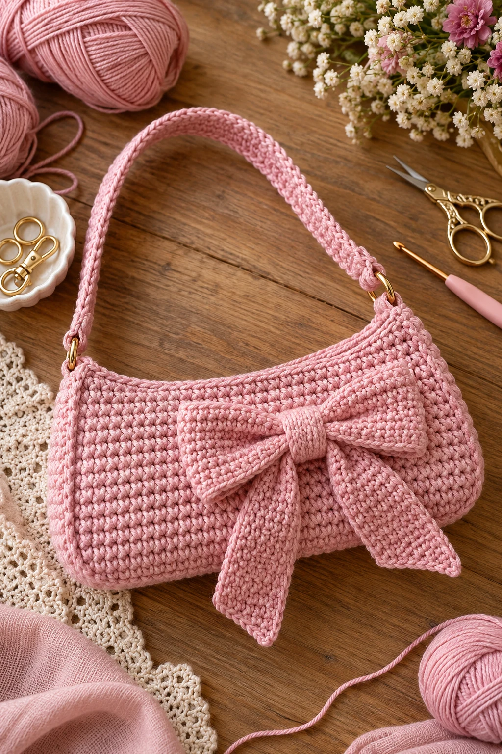Crochet Baguette Bag With a Bow — crochet baguette bag style outfit