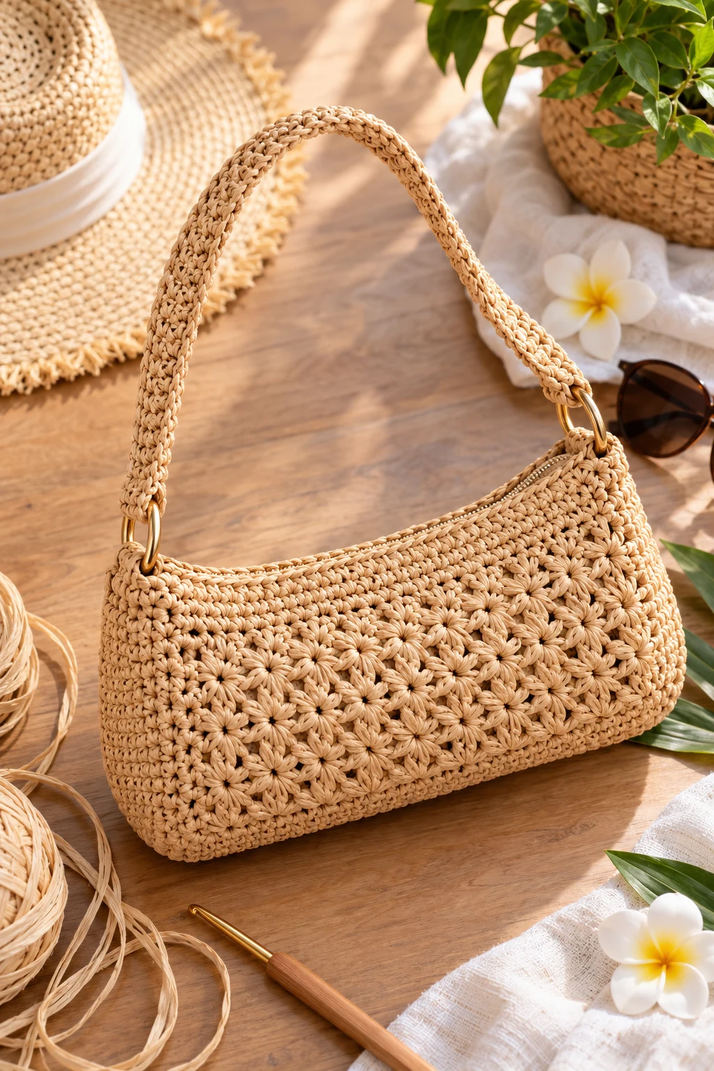 Raffia Crochet Baguette Bag for Vacation — crochet baguette bag style outfit