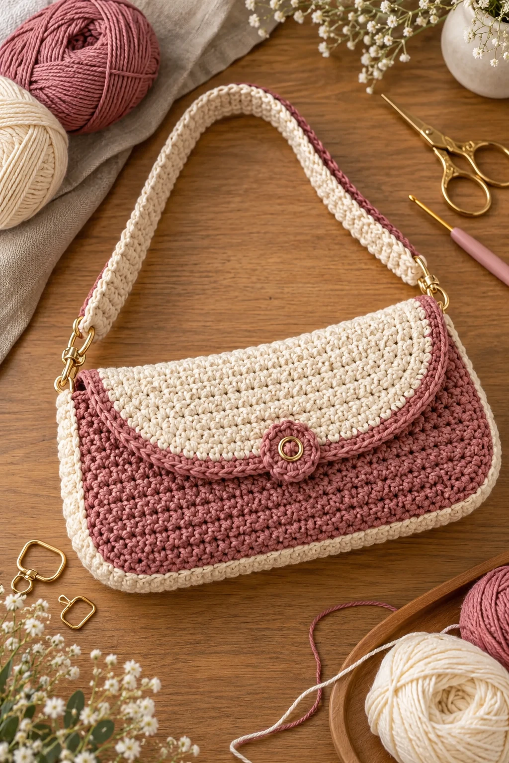 Two-Tone Crochet Baguette Bag With a Curved Flap — crochet baguette bag style outfit