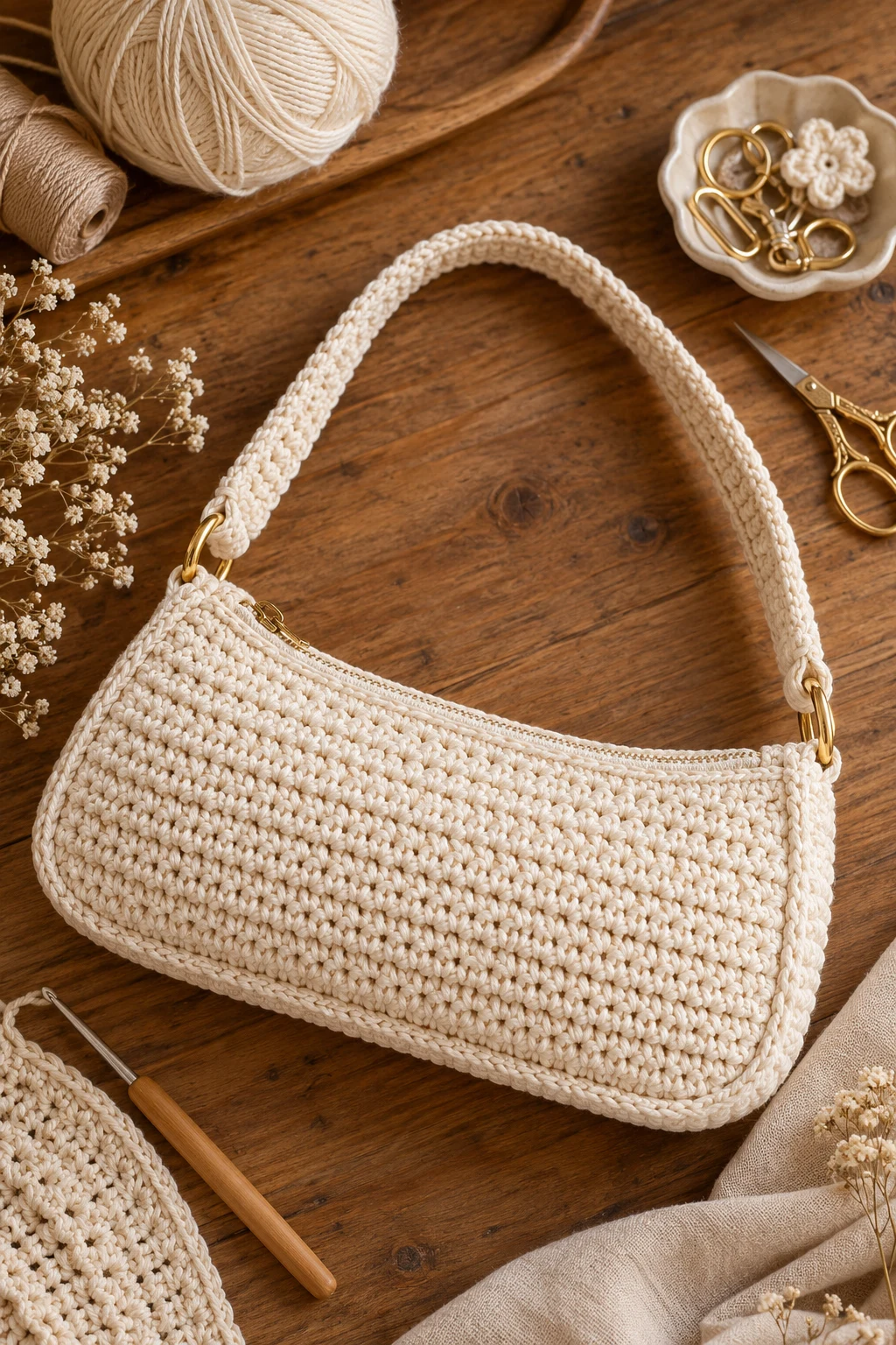Cream Minimalist Crochet Baguette Bag — crochet baguette bag style outfit
