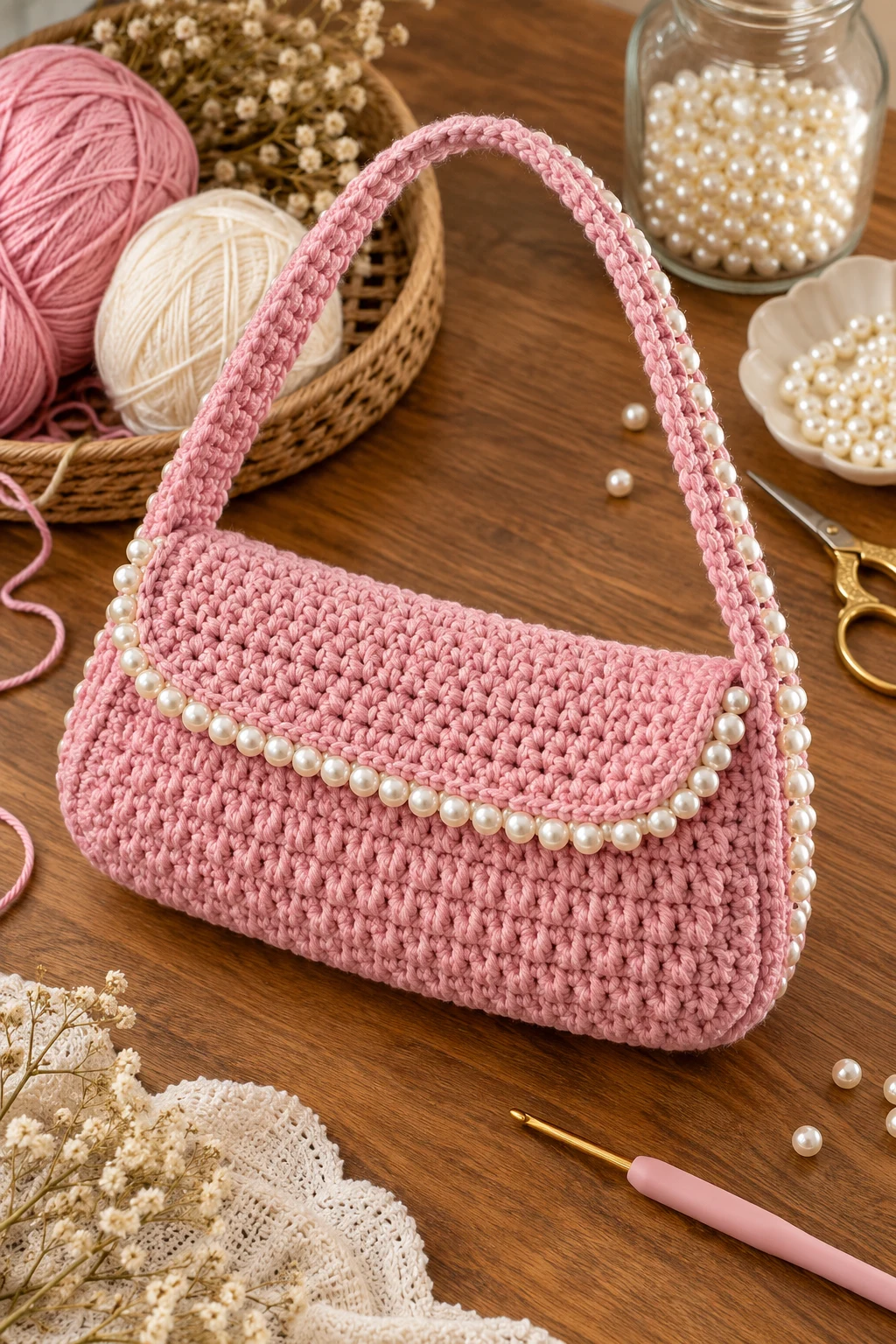 Crochet Baguette Bag With Pearl Trim — crochet baguette bag style outfit
