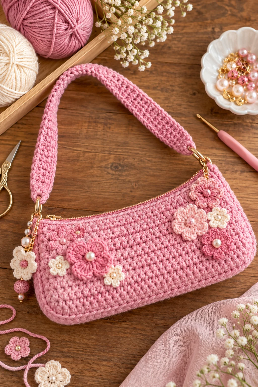 Pink Crochet Baguette Shoulder Bag — crochet baguette bag style outfit