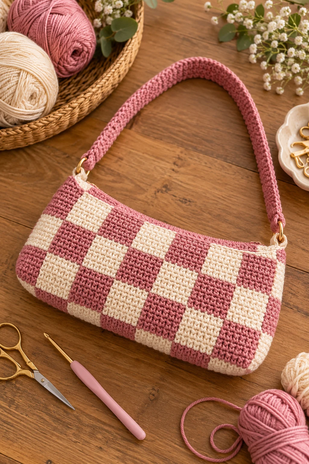 Checkerboard Crochet Baguette Bag — crochet baguette bag style outfit