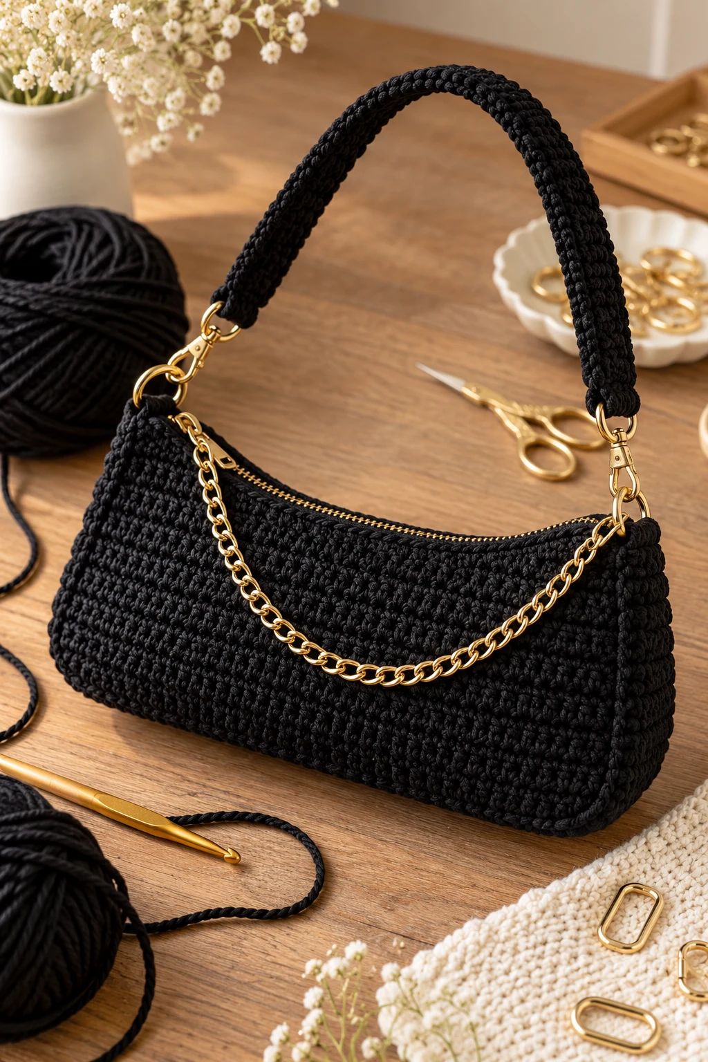 Black Crochet Baguette Bag With Gold Hardware — crochet baguette bag style outfit