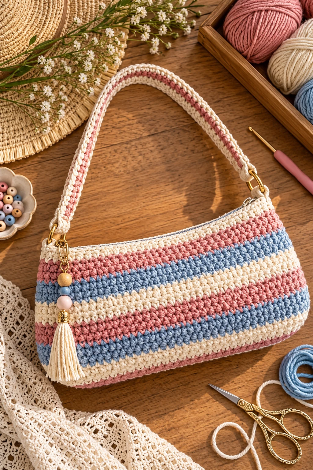 Striped Summer Crochet Baguette Bag — crochet baguette bag style outfit