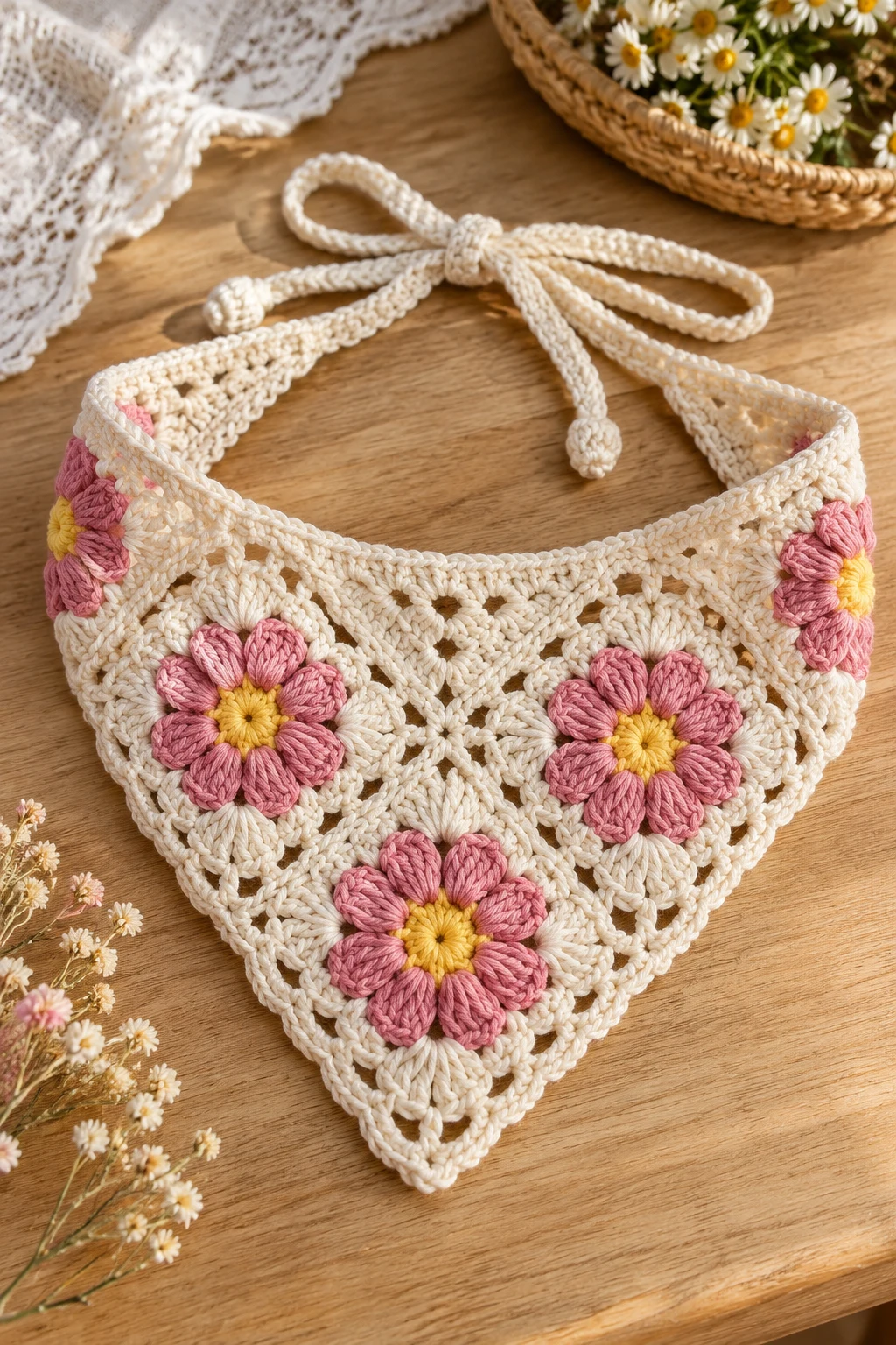 Crochet Bandana With a Flower Center — Crochet Bandana style outfit