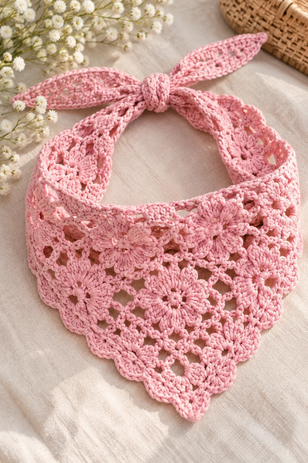 Pastel Pink Crochet Bandana — Crochet Bandana style outfit