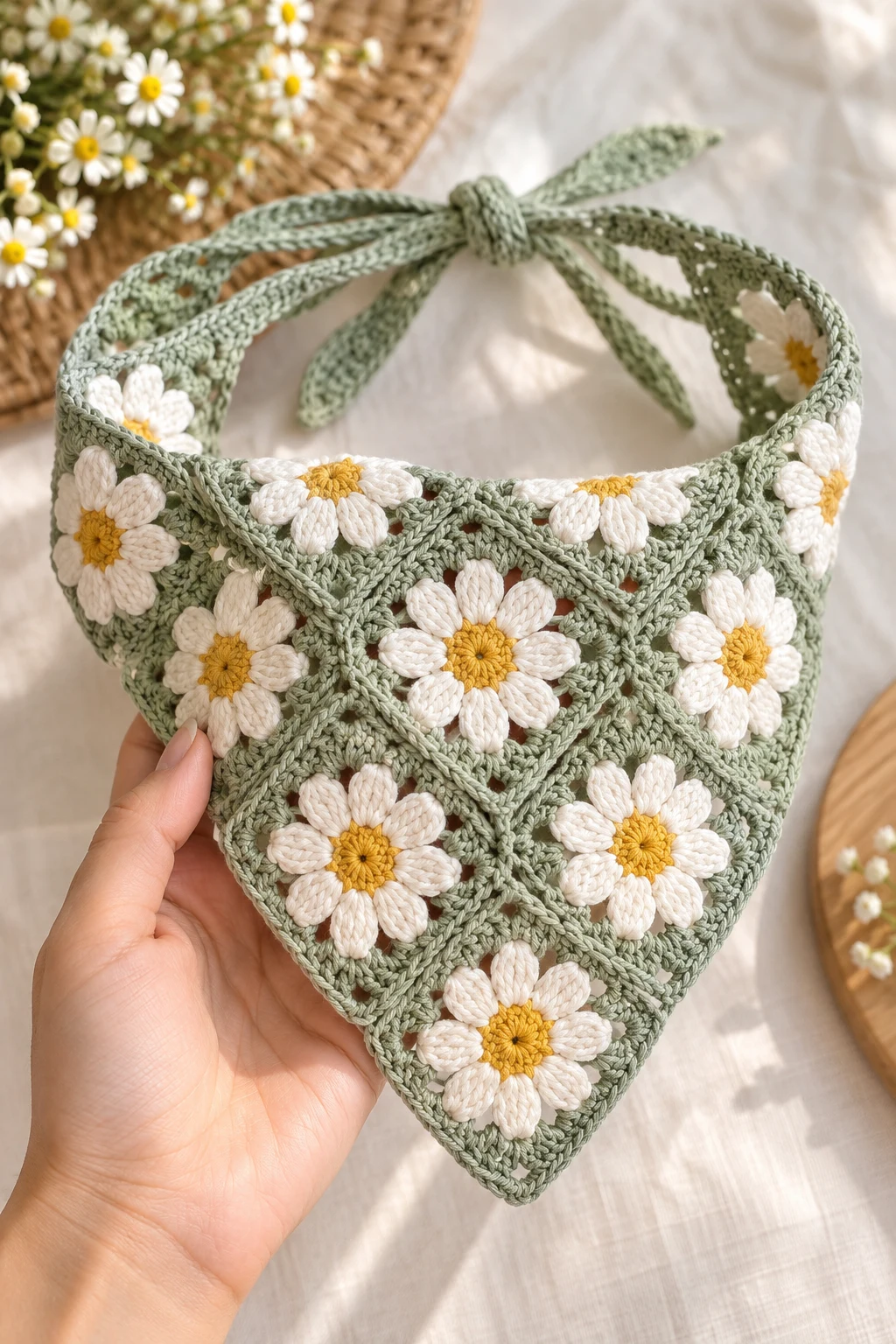 Daisy Flower Crochet Bandana — Crochet Bandana style outfit